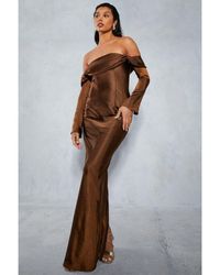 MissPap - Satin Bardot Flared Sleeve Maxi Dress - Lyst