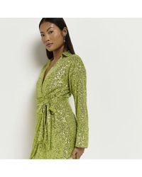 River Island - Wrap Mini Dress Petite Lime Green Sequin - Lyst