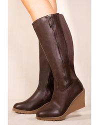 Where's That From - 'lara' Wedge Heel Mid Calf High Boots With Side Zip - Chocolate Brown Faux Leather - Lyst