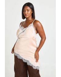 Boohoo - Plus Satin Asymmetric Hem Lace Cami Top - Lyst