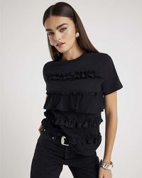River Island - T-Shirt Short Sleeve Ruffle Round Neck Cotton - Lyst