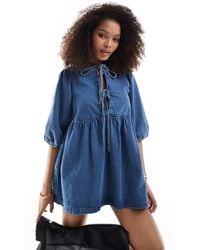 ASOS - Denim Puff Sleeve Mini Dress - Lyst