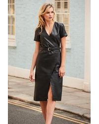 Sosandar - Luxury Leather Belted Wrap Dress - Lyst