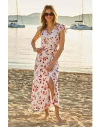 Sosandar - Ivory & Floral Print Ruffle Shoulder Maxi Dress - Lyst