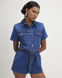 River Island - Playsuit Denim Short Sleeve Collared Button Cotton - Lyst
