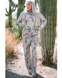 Azura Exchange - Grijze Cowgirl Boots Gedrukt Lange Mouw Top Broek Lounge Set - Lyst
