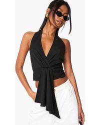 Boohoo - Linen Halter Neck Knot Front Top - Lyst