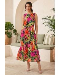 Roman - Leaf Print Chiffon Pleat Neck Midi Dress - Lyst