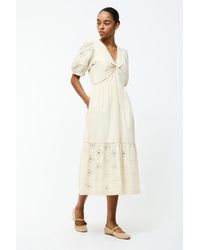 French Connection - Cotton Puff Sleeve V-Neck Embroidered Midi Dress - Lyst
