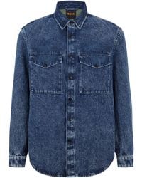 BOSS - Solid Patterned Denim Jacket With Chest Pocket - Lyst