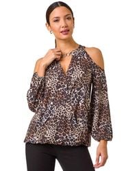 Roman - Animal Print Cold Shoulder Stretch Top - Lyst