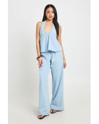 Boohoo - Chambray Slouchy Wide Leg Trousers - Lyst