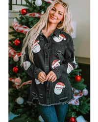Azura Exchange - Zwarte Pailletten Kerstman Graphic Gewassen Denim Jacket - Lyst