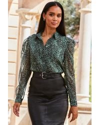 Sosandar - Khaki Animal Print Gathered Sheer Sleeve Shirt - Lyst