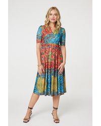 Izabel London - Printed Ruched Waist Faux Wrap Midi Dress - Lyst