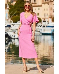 Sosandar - Rosé Linen Blend Wrap Front Dress - Lyst