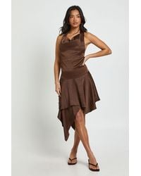 Boohoo - Petite Textured Satin Cowl Neck Mini Dress - Lyst