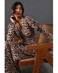 Warehouse - Leopard Viscose V Neck Long Puff Sleeve Midi Dress - Lyst