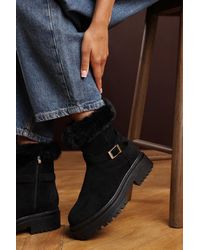 Where's That From - Wheres 'Rayne' Suede Low Heel Ankle Boots With Faux Fur Cuff And Buckle Detail - Lyst
