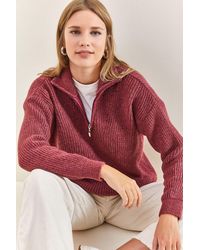 Bianco Lucci - Oversized Textured Knit Sweater With Zipper Collar - Lyst