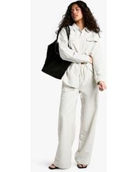 Boohoo - Striped Peached Drawstring Waist Wide Leg Trouser - Lyst