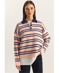 Bianco Lucci - Striped Polo Collar Button Sweater - Lyst