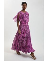 Karen Millen - Spot Print Viscose Georgette Cape Sleeve Ruffle Woven Maxi Dress - Lyst