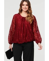 Izabel London - Burgundy Floral Lace Semi Sheer Ruched Blouse - Lyst