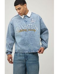 BoohooMAN - Stonewash Embroidered Oversized Varsity Denim Rugby Shirt - Lyst