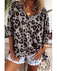 Azura Exchange - Leopardprint V-hals Blouse Met 3/4 Mouwen - Lyst