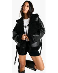 Boohoo - Luxe Teddy Trim Belted Aviator Jacket - Lyst