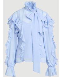 Karen Millen - Ruffle Front Crinkle Georgette Pussy Bow Blouse - Lyst