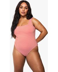 Boohoo - Plus Seersucker Stripe Scoop Neck Swimsuit - Lyst