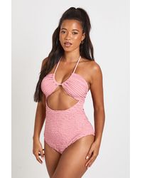Boohoo - Textured Cut Out Halter Neck Swimsuit - Lyst