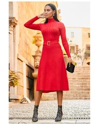 Sosandar - Fit & Flare Rib Knit Belted Dress With Detail - Lyst