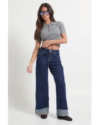 Boohoo - Petite Turn Up High Waist Straight Leg Jean - Lyst