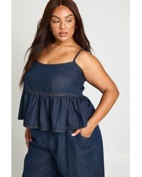 Boohoo - Plus Strappy Frill Hem Denim Top - Lyst