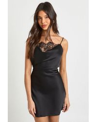 Boohoo - Satin Lace Cowl Neck Mini Slip Dress - Lyst