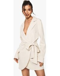 Boohoo - Linen Look Wrap Drape Front Tailored Blazer Dress - Lyst