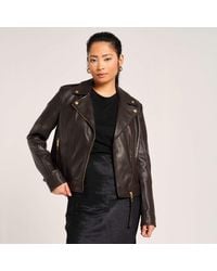 Barneys Originals - Real Leather Chocolate Biker Jacket With Trims - Lyst