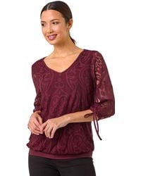 Roman - Burnout Print V-Neck Overlay Mesh Top - Lyst
