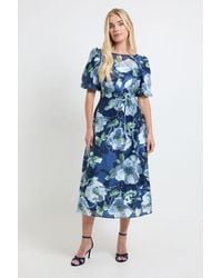 Wallis - Petite Floral Organza Puff Sleeve Midi Dress - Lyst
