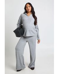 Boohoo - Maternity Soft Rib Collared Top & Trouser Lounge Set - Lyst