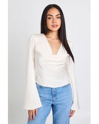 Boohoo - Long Sleeve Satin Cowl Neck Top - Lyst