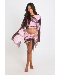 Boohoo - Floral Print Sheer Mesh Beach Asym Top And Sarong Co-Ord - Lyst