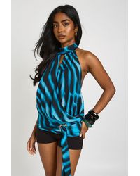 Boohoo - Animal Print High Neck Tie Waist Top - Lyst
