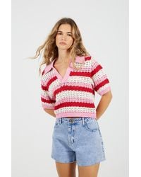 Brave Soul - Stripe Pointelle Knit Collared T-Shirt - Lyst