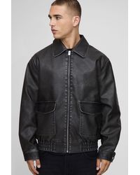 BoohooMAN - Oversized Washed Pu Pocket Detail Collared Bomber Jacket - Lyst