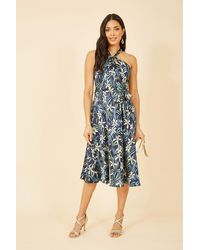 Yumi' - Tropical Print Satin Cross Neck Midi Dress - Lyst