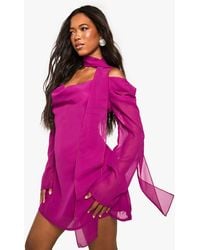 Boohoo - Chiffon Scarf Detail Cold Shoulder Mini Dress - Lyst